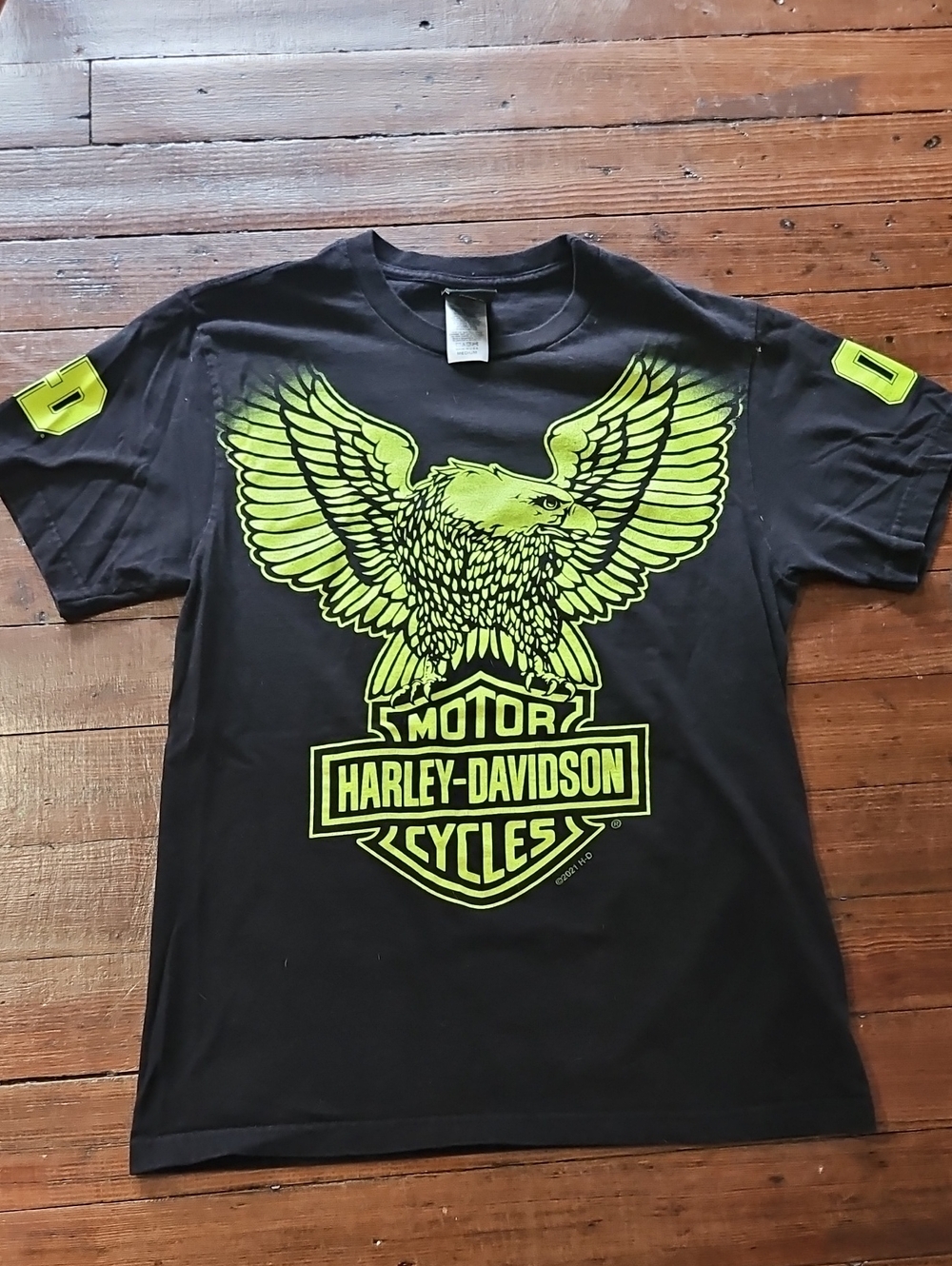 Harley-Davidson Black T-Shirt with Neon Yellow Eagle Shield Graphic